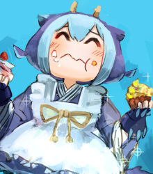 1girl apron blue_hair cake closed_eyes cupcake dragon_girl dragon_horns duel_monster eating food hatano_kiyoshi holding holding_food horns laundry_dragonmaid maid solo wa_maid yu-gi-oh!