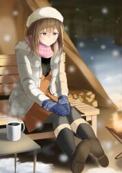 Rule 34 | 1girl, aokonnno, bench, brown eyes, brown hair, commission, cup, dress, fire, frown, full body, hat, highres, jacket, long hair, mittens, mug, original, outdoors, pantyhose, pixiv commission, plaid, plaid scarf, scarf, shoe soles, sitting, snow, snowing, socks, solo, steam, tent, winter