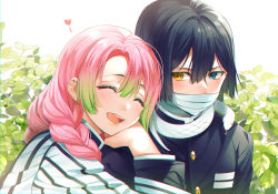 Rule 34 | 1boy, 1girl, ^ ^, animal, animal around neck, bad id, bad pixiv id, bandaged head, bandages, black hair, blush, borrowed clothes, braid, closed eyes, couple, covered mouth, day, gradient hair, green hair, hair between eyes, hair over shoulder, hand on another&#039;s shoulder, happy, heart, heterochromia, hug, iguro obanai, kanroji mitsuri, kimetsu no yaiba, long hair, long sleeves, looking at another, minori (faddy), mole, mole under eye, multicolored hair, pink hair, plant, portrait, sideways glance, smile, snake, streaked hair, striped, vertical stripes, white background, white snake