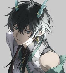 Rule 34 | 1boy, closed mouth, dan heng (honkai: star rail), dan heng (imbibitor lunae) (honkai: star rail), detached sleeves, dragon boy, dragon horns, earrings, expressionless, green eyes, grey background, hair between eyes, highres, honkai: star rail, honkai (series), horns, jewelry, long hair, male focus, nozz177, pointy ears, simple background, solo, upper body