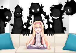 Rule 34 | 1girl, absurdres, artist request, black dress, black thighhighs, blonde hair, couch, dress, fang, ghost, gloves, glowing, glowing eyes, hairband, highres, indian style, little witch nobeta, long hair, meme, nobeta, official art, on couch, open mouth, pillow, pink hairband, piper perri surrounded (meme), red eyes, sitting, sleeveless, sleeveless dress, thighhighs, two-tone dress, white dress, white gloves