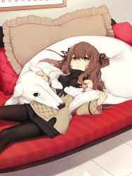 Rule 34 | 1girl, akayan, animal, bare shoulders, black pantyhose, black ribbon, black sweater, borzoi, breasts, brown hair, closed mouth, couch, dog, dress, framed, frilled pillow, frills, fur trim, green eyes, hair between eyes, hair ribbon, highres, holding another&#039;s tail, indoors, long sleeves, looking at viewer, lying, medium breasts, off shoulder, on back, on couch, original, pantyhose, picture frame, pillow, ribbed sweater, ribbon, sleeveless, smile, striped, sweater, sweater dress, sweater vest, tail, tile floor, tiles, turtleneck, turtleneck sweater, two side up, wall