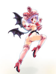 Rule 34 | 1girl, ass, back, bat wings, blue hair, breasts, corset, fangs, female focus, hat, hat ribbon, high heels, highres, kiyama satoshi, leotard, looking back, nipples, open mouth, pink thighhighs, red eyes, remilia scarlet, ribbon, seamed legwear, shoes, short hair, small breasts, thighhighs, thong leotard, touhou, wings, wrestling outfit