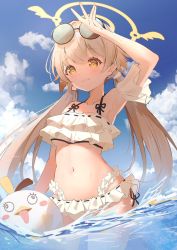 Rule 34 | 1girl, armpits, bikini, blue archive, blue sky, cloud, day, eyewear on head, frilled bikini, frills, hair flaps, halo, hifumi (blue archive), hifumi (swimsuit) (blue archive), highres, light brown hair, low twintails, navel, ocean, official alternate costume, outdoors, ribbon-trimmed bikini, ribbon-trimmed swimsuit, ribbon trim, sky, sunglasses, swimsuit, tomo (tomosa011326), twintails, water, white bikini, yellow eyes