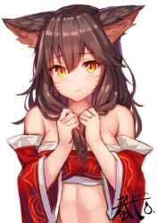 Rule 34 | 1girl, a.t. zero, adjusting hair, ahri (league of legends), animal ear fluff, animal ears, bad id, bad twitter id, bandeau, bare shoulders, blush, breasts, brown hair, cleavage, detached sleeves, facial mark, fang, fox ears, hair between eyes, haru ato, holding, holding hair, large breasts, league of legends, long hair, looking at viewer, revision, slit pupils, solo, strapless, tube top, upper body, whisker markings, wide sleeves, yellow eyes