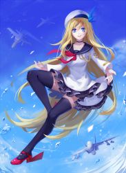 Rule 34 | 1girl, ain (3990473), aircraft, airplane, black thighhighs, blonde hair, blue eyes, day, hat, long hair, looking at viewer, peaked cap, pleated skirt, saratoga (warship girls r), skirt, sky, smile, solo, thighhighs, very long hair, warship girls r, water