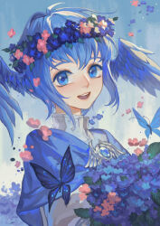 Rule 34 | 1girl, :d, absurdres, bird wings, blue butterfly, blue capelet, blue eyes, blue gemstone, blue hair, blue sky, brooch, bug, butterfly, capelet, chinese commentary, collared shirt, commentary request, falling flower, falling petals, feathered wings, final fantasy, final fantasy xiv, flower, flower wreath, gem, head wings, head wreath, highres, holding, holding flower, insect, jewelry, leaf, looking at viewer, meteion, mian mie, open mouth, outdoors, petals, purple flower, shirt, short hair, sky, smile, solo, upper body, white shirt, wings