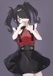 Rule 34 | 1girl, ame-chan (needy girl overdose), black hair, black ribbon, black skirt, collared shirt, covering own mouth, cowboy shot, grey background, hair ornament, hair over one eye, hair tie, hairclip, hand to own mouth, hands up, highres, long hair, looking down, neck ribbon, needy girl overdose, red shirt, ribbon, sanmanako, shirt, shirt tucked in, skirt, solo, suspender skirt, suspenders, twintails, vomit, vomiting, x hair ornament
