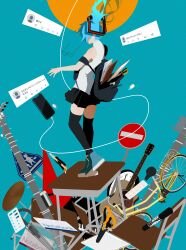 Rule 34 | 1girl, absurdres, backpack, bag, black thighhighs, desk, earphones, guitar, hatsune miku, highres, instrument, noranucoo, notebook, phone, road sign, scissors, sign, solo, stop sign, thighhighs, utility pole, vocaloid