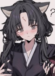 Rule 34 | 1girl, :&lt;, ?, alternate hairstyle, animal ears, aogisa, arknights, black eyes, black hair, black shirt, blush, dog ears, extra ears, facial mark, forehead mark, hands up, highres, holding, holding own hair, japanese clothes, long hair, low twintails, portrait, saga (arknights), shirt, simple background, solo, twintails, white background