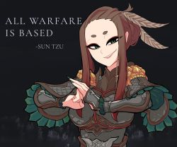 Rule 34 | 1girl, absurdres, armor, black background, breastplate, breasts, brown hair, centurii-chan (artist), chinese armor, commentary, english commentary, english text, eyeshadow, feather hair ornament, feathers, fingernails, green eyes, green nails, hair ornament, highres, hikimayu, long fingernails, long hair, long sleeves, looking at viewer, makeup, nail polish, open mouth, original, own hands together, red eyeshadow, sharp fingernails, short hair, shoulder armor, sidelocks, simple background, smile, solo, sun tzu, swept bangs