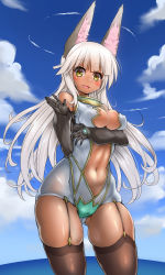 Rule 34 | 1girl, animal ears, blunt bangs, blush, breast hold, breasts, cleavage, cloud, curvy, dark-skinned female, dark skin, day, detached sleeves, female focus, garter straps, gloves, highres, hobby (kento), large breasts, long hair, looking at viewer, navel, open mouth, original, rabbit ears, rabbit girl, skindentation, sky, smile, solo, standing, thick thighs, thighhighs, thighs, white hair, wide hips, yellow eyes