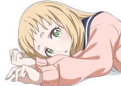 Rule 34 | 1girl, absurdres, blonde hair, blush, crust gm0, dot nose, female focus, green eyes, highres, inose mai, koisuru asteroid, looking at viewer, lying, open mouth, school uniform, serafuku, simple background, solo, sweater, upper body, white background