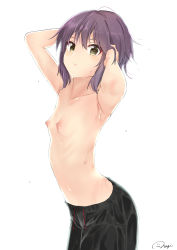 Rule 34 | 1girl, absurdres, armpits, arms behind head, black male swimwear, black shorts, black swim trunks, breasts, commentary, cowboy shot, drawstring, hair between eyes, highres, looking at viewer, male swimwear, male swimwear challenge, nagato yuki, nagi (shunsuke-manage), nipples, purple hair, short hair, shorts, simple background, small breasts, solo, suzumiya haruhi no yuuutsu, swim trunks, swimsuit, topless, white background, yellow eyes