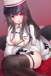 Rule 34 | 1girl, azur lane, black gloves, black hair, black thighhighs, blush, breasts, buttons, cleavage, coat, fur-trimmed coat, fur trim, gloves, gluteal fold, gradient background, hat, kelly 0w0, large breasts, long hair, long sleeves, looking at viewer, open mouth, padded coat, pamiat merkuria (azur lane), purple eyes, red eyes, russian clothes, shirt, sitting, smile, solo, thighhighs, tongue, tongue out, white coat, white hat