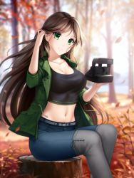 Rule 34 | 1girl, adjusting hair, autumn, autumn leaves, belt, belt buckle, black tank top, blue pants, boots, breasts, brown hair, buckle, camera, cleavage, closed mouth, coat, collarbone, commission, day, floating hair, forest, gigamessy, green coat, green eyes, grey belt, grey footwear, holding, holding camera, leaf, long hair, medium breasts, midriff, nature, navel, open clothes, open coat, original, outdoors, pants, sitting, smile, solo, stomach, swept bangs, tank top, thigh boots, thighhighs, very long hair