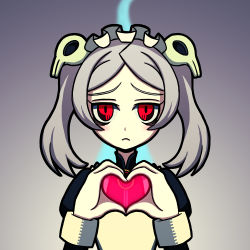 Rule 34 | 1girl, bags under eyes, bloody marie (skullgirls), grey hair, hair ornament, heart, heart hands, light frown, looking at viewer, maid, maid headdress, red eyes, shisen, skull hair ornament, skullgirls, solo, twintails, wrist cuffs