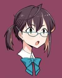 Rule 34 | 10s, 1girl, birii, blue-framed eyewear, brown hair, glasses, green eyes, kantai collection, okinami (kancolle), open mouth, ribbon, short hair, simple background, solo