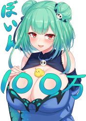 Rule 34 | 1girl, alternate breast size, bird, blue dress, blush, breast suppress, breasts, cleavage, cream cod, detached sleeves, double bun, dress, green hair, hair bun, hair ornament, highres, hololive, large breasts, looking to the side, milestone celebration, open mouth, piyoko (uruha rushia), red eyes, short hair, skull hair ornament, smile, solo, tawawa challenge, upper body, uruha rushia, uruha rushia (1st costume), virtual youtuber, white background