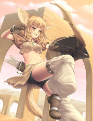 Rule 34 | 1girl, animal ears, arrow (projectile), belt, bike shorts, blonde hair, bow (weapon), bracelet, braid, breasts, elbow gloves, female focus, gloves, highres, holding, holding weapon, jewelry, midriff, navel, no bra, original, outdoors, quiver, sasaame, short hair, solo, tail, torn clothes, twin braids, underboob, weapon, yellow eyes