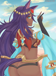 Rule 34 | 1girl, absurdres, animal ears, ass, back, blue eyes, breasts, burningmoonworks, butt crack, dark-skinned female, dark skin, day, fate/grand order, fate (series), gold trim, hair ornament, head chain, highres, jewelry, large breasts, long hair, medea (fate), outdoors, purple hair, queen of sheba (fate), self-upload, sideways mouth, smile, solo, standing, tail, very long hair