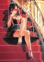 Rule 34 | 1girl, alcohol, bad id, bad pixiv id, black hair, black nails, breasts, cleavage, cocktail glass, cup, dress, drinking glass, evening gown, feet, glass, high heels, jack daniel&#039;s, large breasts, legs, crossed legs, long hair, long legs, nail polish, no bra, no panties, open shoes, original, red eyes, shoes, siqi (miharuu), sitting, sitting on stairs, solo, stairs, thighs, toenail polish, toenails, toes, whiskey