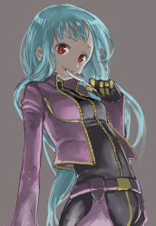Rule 34 | 1girl, belt, biker clothes, blue hair, candy, chaps, cropped jacket, food, gloves, highres, jacket, kula diamond, lollipop, long hair, looking at viewer, open clothes, open jacket, red eyes, smile, snk, solo, the king of fighters, thighhighs, yamamoto souichirou