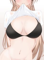 1girl arms_behind_back bikini black_bikini black_hair blush breasts brown_hair cleavage closed_mouth clothes_lift head_out_of_frame highres hololive hololive_english large_breasts lifting_own_clothes long_hair mouth_hold multicolored_hair nanashi_mumei narukahana navel shirt_lift short_sleeves simple_background smile solo swimsuit thighhighs upper_body very_long_hair virtual_youtuber white_background white_hair