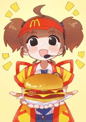 1girl amagami_collections black_eyes brown_hair burger double_cheese_(mcdonald&#039;s) employee_uniform fast_food_uniform food food_focus hair_ornament headset highres holding holding_burger holding_food looking_at_viewer mcdonald&#039;s necktie shirt simple_background smile striped_clothes striped_shirt twintails