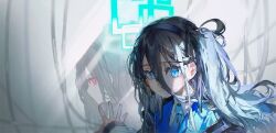 Rule 34 | &lt;key&gt; (blue archive), 1girl, aris (blue archive), black hair, blue archive, blue eyes, blue jacket, bright pupils, collared jacket, collared shirt, commentary, different reflection, dual persona, english commentary, glowing, glowing eyes, hair between eyes, hairband, halo, hand on mirror, highres, jacket, looking at viewer, one side up, parted lips, quasarcake, red eyes, reflection, ringed eyes, shirt, solo, upper body, white pupils, white shirt, wire