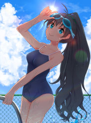 Rule 34 | 1girl, antenna hair, aqua eyes, artist request, black hair, blue sky, blue one-piece swimsuit, breasts, caustics, chain-link fence, cleavage, collarbone, commentary request, cowboy shot, day, closed eyes, fence, ganaha hibiki, goggles, goggles on head, high ponytail, highres, idolmaster, idolmaster (classic), long hair, looking at viewer, medium breasts, one-piece swimsuit, ponytail, pool ladder, school swimsuit, sky, solo, sun, swimsuit, very long hair, water drop, wet, wet hair