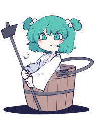 Rule 34 | 1girl, blush stickers, bucket, chahan (fried rice0614), closed mouth, getting over it, green eyes, green hair, hair bobbles, hair ornament, hammer, highres, holding, holding hammer, japanese clothes, kimono, kisume, long sleeves, one-hour drawing challenge, short hair, simple background, sledgehammer, smile, solo, touhou, two side up, white background, white kimono, wide sleeves