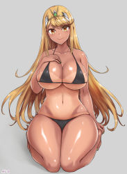 Rule 34 | 1girl, angoha, artist name, bare arms, bare shoulders, bikini, black bikini, blonde hair, breasts, cleavage, clenched hand, closed mouth, collarbone, full body, green nails, grey background, highres, large breasts, long hair, looking at viewer, mythra (xenoblade), nail polish, navel, one-piece tan, orange eyes, shiny skin, simple background, sitting, smile, solo, stomach, swept bangs, swimsuit, tan, tanline, thighs, tiara, toenail polish, toenails, very long hair, xenoblade chronicles (series), xenoblade chronicles 2
