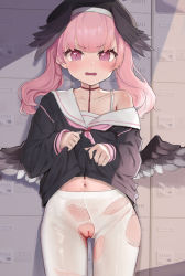Rule 34 | 1girl, aori (binnoaori), black hat, black shirt, blue archive, blush, bra strap, cleft of venus, closed mouth, clothes lift, collarbone, cowboy shot, crotch seam, feathered wings, gluteal fold, hat, head wings, koharu (blue archive), locker, long hair, long sleeves, looking at viewer, low wings, navel, neckerchief, no panties, off shoulder, open mouth, pantyhose, pink eyes, pink hair, pink neckerchief, pussy, raised eyebrows, sailor collar, shirt, shirt lift, sidelocks, single bare shoulder, solo, standing, torn clothes, torn pantyhose, twintails, white pantyhose, wings