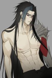 Rule 34 | 1boy, abs, black hair, black pants, blue hair, brown eyes, closed mouth, grey background, heterochromia, highres, kayn (league of legends), league of legends, long hair, male focus, multicolored hair, muscular, muscular male, navel, nipples, pants, red eyes, red scarf, scarf, simple background, solo, stomach, streaked hair, zyrophin