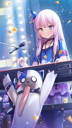 Rule 34 | &gt;:), 1girl, belt collar, black choker, blue bow, blue eyes, blue shirt, bow, choker, closed mouth, confetti, cowboy shot, earrings, eksistere kyrenia, flat chest, girl cafe gun, hair bow, hands up, heterochromia, highres, instrument, jewelry, keyboard (instrument), long hair, looking down, microphone stand, miniskirt, music, official art, pantyhose, pendant, pink hair, playing instrument, purple pantyhose, purple skirt, shirt, short sleeves, sidelocks, skirt, smile, solo, sparkle, stage, star (symbol), star earrings, stuffed animal, stuffed cat, stuffed toy, t-shirt, torn clothes, torn pantyhose, v-shaped eyebrows, yellow eyes