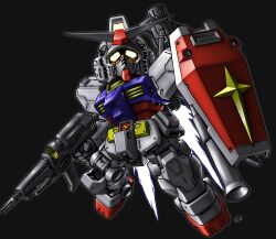 Rule 34 | bazooka (gundam), beam rifle, black background, energy gun, exhaust, flying, glowing, glowing eyes, gun, gundam, highres, holding, holding gun, holding weapon, looking at viewer, mecha, mecha focus, mobile suit, mobile suit gundam, no humans, robot, rx-78-2, science fiction, sd gundam, shield, simple background, solo, v-fin, weapon, yatta070622, yellow eyes