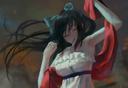 Rule 34 | 1girl, armpits, bare shoulders, black hair, bow, breasts, commentary request, dress, hair bow, large breasts, long hair, noccu, noihara himari, omamori himari, one eye closed, open mouth, ponytail, purple eyes, sleeveless, sleeveless dress, solo, very long hair, white dress