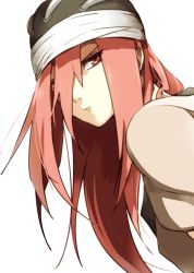 Rule 34 | 1girl, bad id, bad pixiv id, brown eyes, closed mouth, commentary request, hair between eyes, helmet, long hair, naruto, naruto (series), ninja, red hair, simple background, solo, soyaka, tayuya (naruto), white background