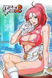 Rule 34 | 1girl, breasts, garnet (the rumble fish), gloves, green eyes, large breasts, legs, looking at viewer, nurse, official art, open mouth, pink hair, short hair, sitting, solo, sweat, the rumble fish, torn clothes, wink