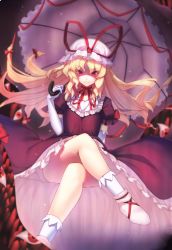 Rule 34 | &gt;:), 1girl, ass, bare legs, blonde hair, bow, choker, commentary request, cross-laced footwear, crossed legs, dress, elbow gloves, feet out of frame, frills, gap (touhou), gloves, hair between eyes, hair bow, hand up, hat, hat ribbon, holding, holding umbrella, kaiza (rider000), long hair, looking at viewer, mob cap, petticoat, puffy short sleeves, puffy sleeves, purple dress, red bow, red choker, red eyes, red ribbon, ribbon, ribbon choker, shoes, short sleeves, sitting, smile, socks, solo, thighs, touhou, umbrella, v-shaped eyebrows, white footwear, white gloves, white hat, white socks, yakumo yukari