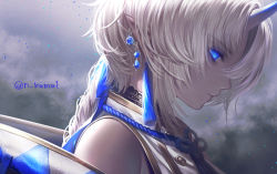 Rule 34 | 1girl, bare shoulders, blue eyes, blue ribbon, braid, closed mouth, commentary request, earrings, eyelashes, from side, gem, glowing, glowing eyes, gradient horns, hair ribbon, horns, japanese clothes, jewelry, kamui natsuki, light particles, long hair, looking away, looking down, multicolored horns, off shoulder, oni, original, pointy ears, profile, ribbon, rope, solo, tassel, traditional youkai, white hair