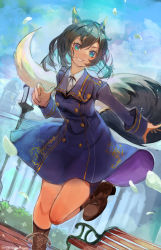 Rule 34 | 1girl, animal ears, bench, black hair, blue dress, blue eyes, boots, bush, buttons, cloud, cloudy sky, commentary, commission, cross-laced footwear, dark-skinned female, dark skin, double-breasted, dress, dutch angle, fox ears, fox girl, fox tail, grin, highres, knee boots, lace-up boots, lamppost, leaf, nagasawa tougo, neck ribbon, original, outdoors, park, park bench, ribbon, signature, skeb commission, sketch, sky, smile, solo, standing, standing on one leg, tail, tan, tree, twitter username, wind