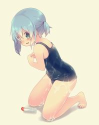 Rule 34 | 1girl, aoi tori, bad id, bad pixiv id, barefoot, blue eyes, blue hair, blush, bottle, from side, highres, kneeling, looking back, lotion, lotion bottle, matching hair/eyes, one-piece swimsuit, open mouth, original, school swimsuit, short hair, side ponytail, solo, swimsuit, teru-chan (aoi tori)