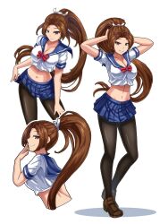 Rule 34 | 1girl, arms up, breasts, brown hair, cleavage, crop top, fatal fury, from side, highres, large breasts, long hair, ponytail, queen&#039;s blade, queen&#039;s gate spiral chaos, school uniform, shiranui mai, short sleeves, teeth, the king of fighters, very long hair, zeroz vi