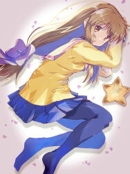 Rule 34 | 1girl, akayama yukihe, arm support, arms up, black pantyhose, blue skirt, bow, brown eyes, clannad, commentary, drop shadow, eyes visible through hair, feet, grey background, hair between eyes, highres, hikarizaka private high school uniform, ibuki fuuko, jacket, light blush, light brown hair, long hair, long sleeves, looking at viewer, low-tied long hair, lying, miniskirt, no shoes, on side, pantyhose, parted lips, pleated skirt, purple bow, sailor collar, school uniform, sidelocks, simple background, skirt, soles, solo, starfish, very long hair, white sailor collar, yellow jacket