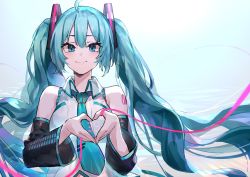 Rule 34 | 1girl, absurdres, ahoge, aqua hair, bare shoulders, blue eyes, collared shirt, detached sleeves, gradient background, hair ornament, hatsune miku, heart, heart hands, highres, long hair, long sleeves, looking at viewer, necktie, negative space, neonbeat, shirt, shoulder tattoo, smile, solo, string, string of fate, tattoo, twintails, upper body, very long hair, vocaloid, white shirt