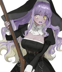 Rule 34 | 1girl, belt, black dress, blonde hair, breasts, cleavage, close-up, colored inner hair, colored tongue, dress, fang, frost fog, gun, habit, hair between eyes, heterochromia, highres, holding, holding gun, holding weapon, large breasts, long hair, long sleeves, medium breasts, mole, mole under mouth, multicolored hair, nun, open mouth, original, purple hair, purple tongue, rosary, sidelocks, simple background, sleeve cuffs, solo, tearing up, two-tone hair, weapon, white background, yellow eyes