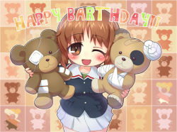 Rule 34 | 10s, 1girl, ;d, animal print, bandages, bandaid, bear print, blue jacket, boko (girls und panzer), brown eyes, brown hair, commentary request, cowboy shot, english text, eyepatch, girls und panzer, green shirt, happy birthday, holding, holding stuffed toy, jacket, long sleeves, looking at viewer, military, military uniform, miniskirt, nishizumi miho, one eye closed, ooarai military uniform, open mouth, pleated skirt, sankuma, shirt, short hair, skirt, smile, solo, standing, stuffed animal, stuffed toy, teddy bear, uniform, white skirt