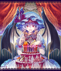 Rule 34 | 1girl, bat wings, cake, candle, curtains, fang, fingernails, flower, food, fork, fruit, hair between eyes, hat, hat ribbon, holding, indoors, looking at viewer, mob cap, nail polish, open mouth, pocket watch, puffy short sleeves, puffy sleeves, purple hair, red eyes, red nails, red ribbon, remilia scarlet, revision, ribbon, rose, sharp fingernails, short sleeves, smile, solo, strawberry, touhou, watch, white hat, wings, wrist cuffs, zounose
